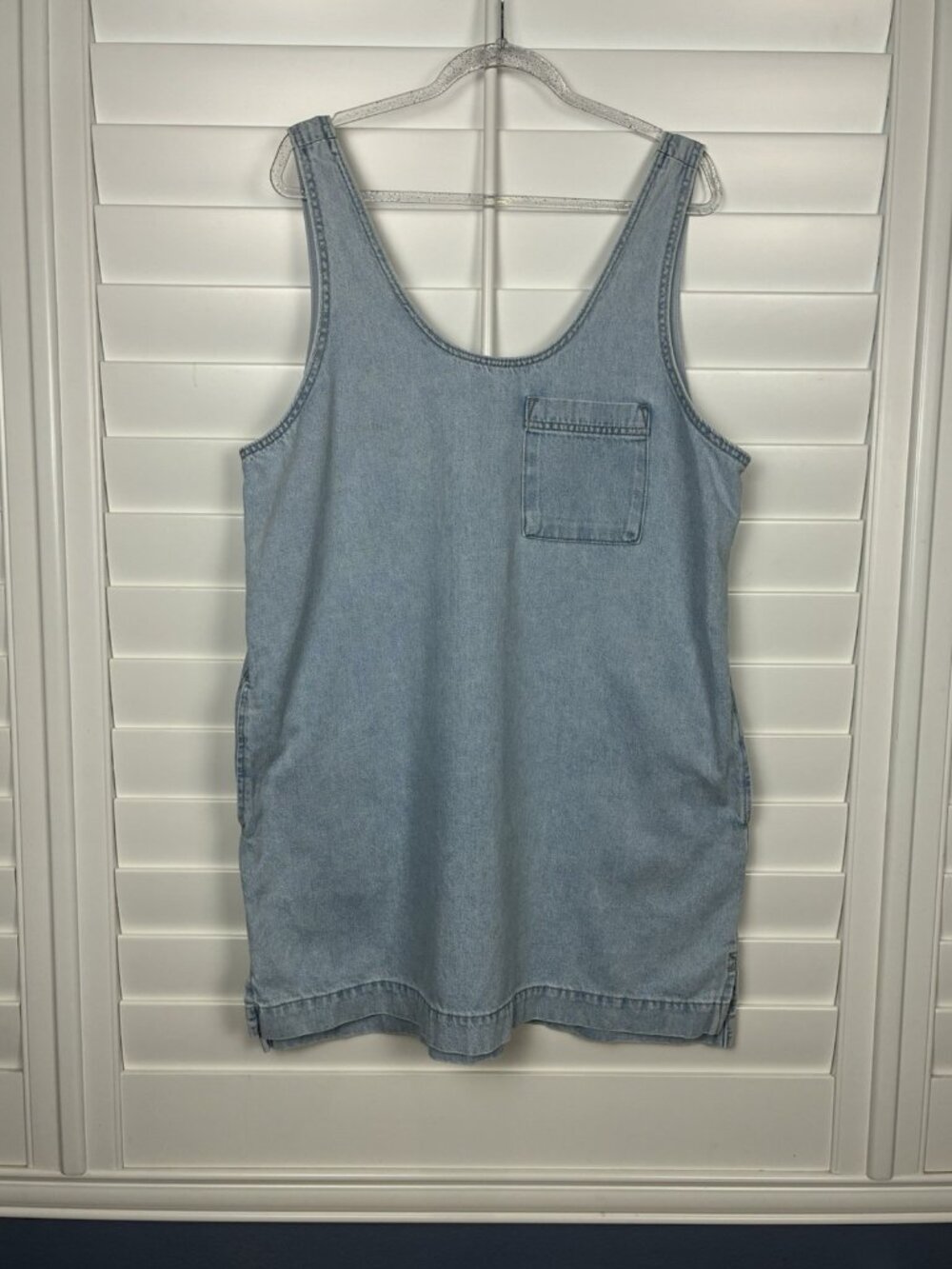 Women’s L Light Wash Denim Tank Mini Shift Relaxed Dress Pockets Boho